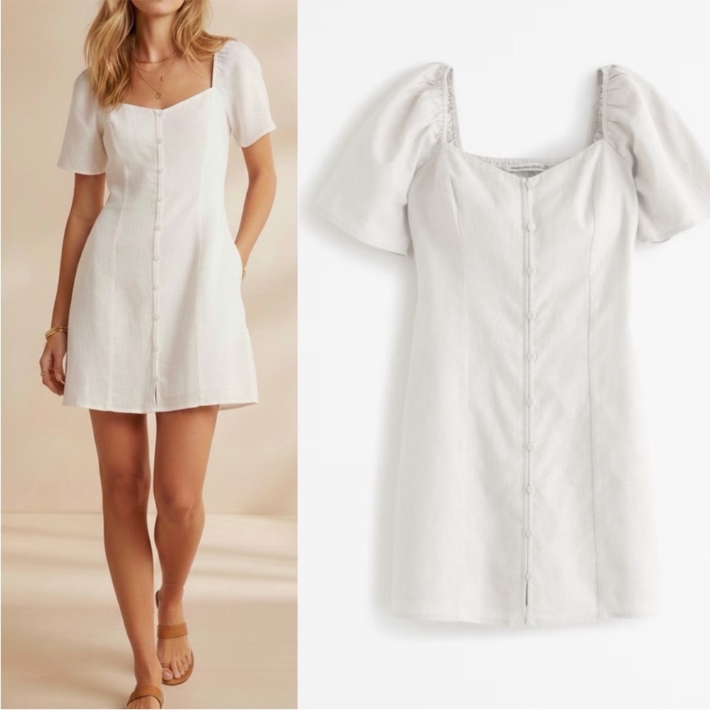 Abercrombie & fitch white linen puff sleeve button front mini dress SP